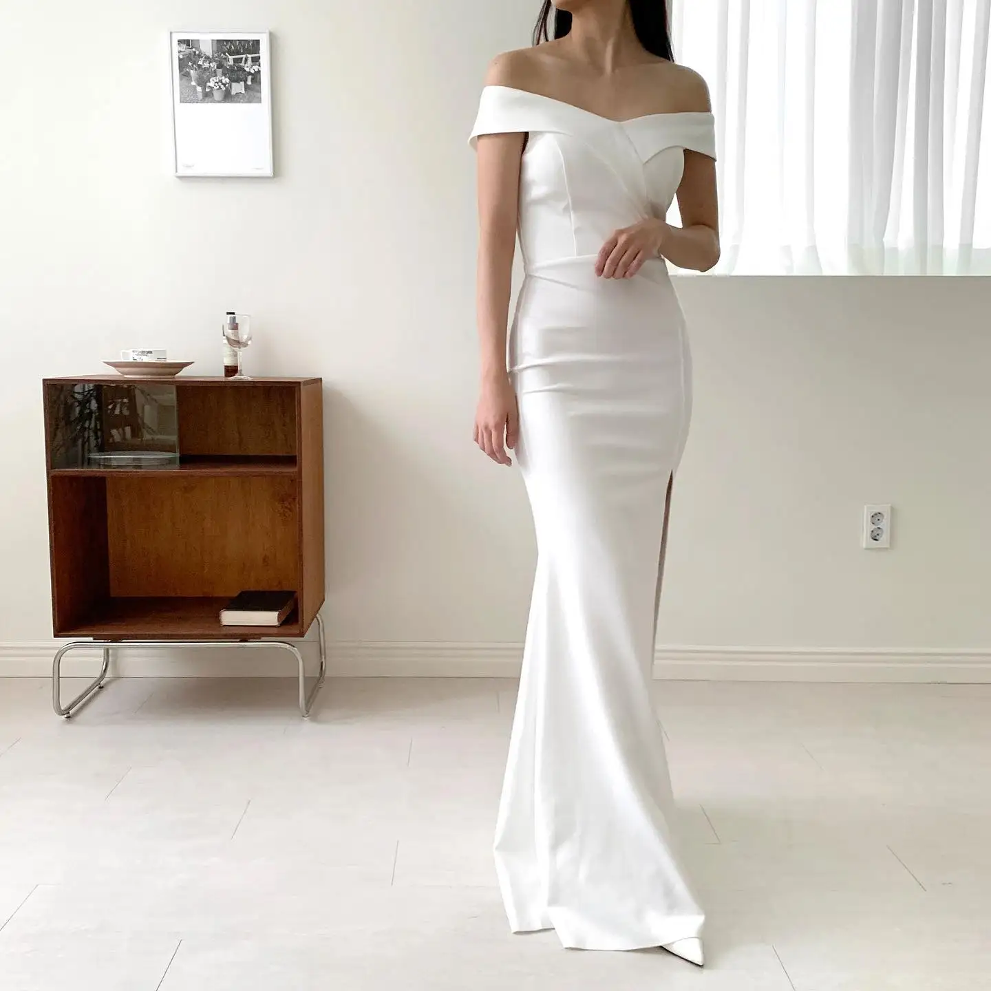 

2022 Strapless Corset Back Bride Dresses Wedding High Slit Satin Short Sleeves Mermaid Simple Korea Photography Bridal Gown