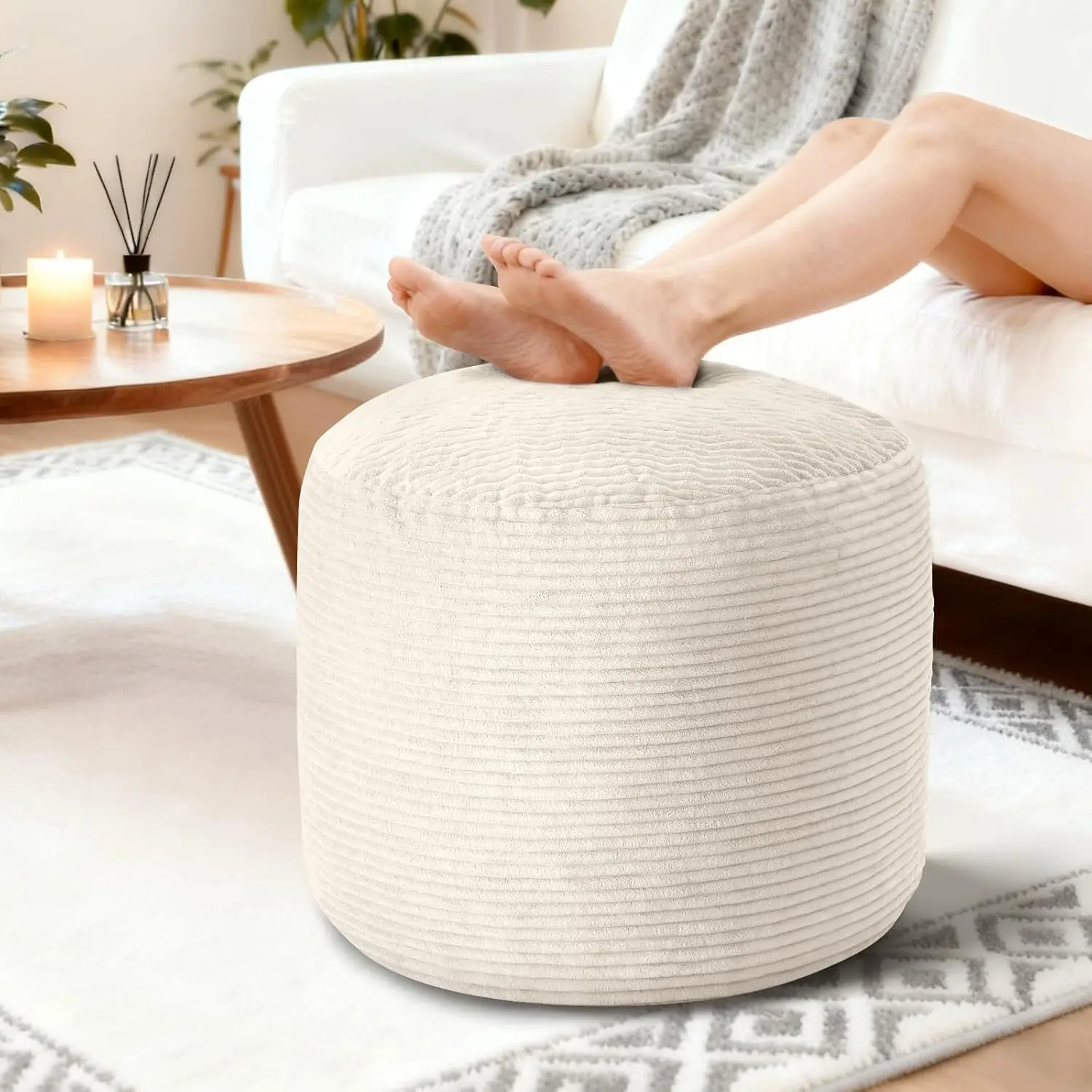 Sponge granular round sofa footstool compressible corduroy, shoe changing stool removable futon seat cushion
