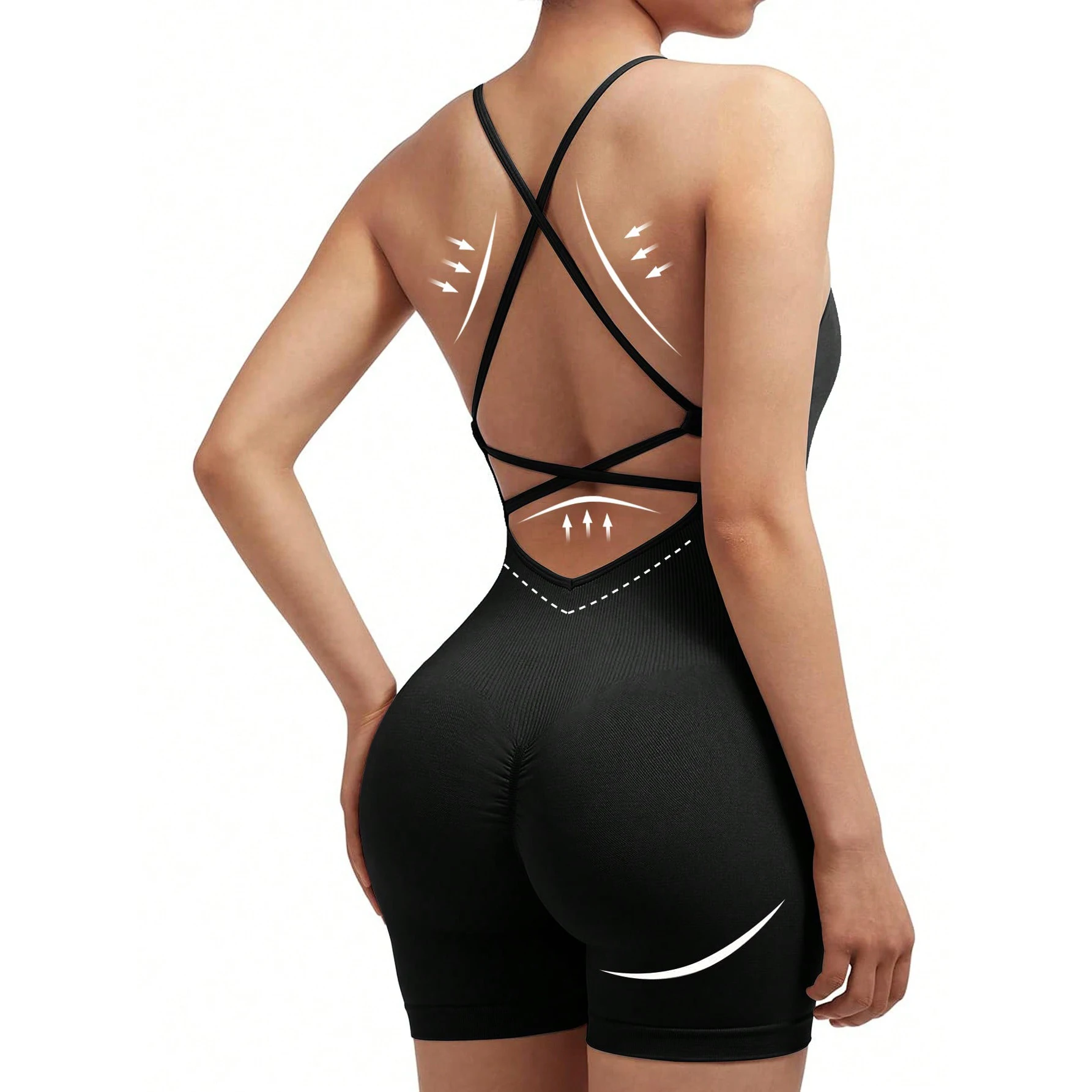 

Sexy Fitness Jumpsuit Women Cross Sports Playsuit Running One Piece Yoga Suit Scrunch Shorts Backless Set Romper