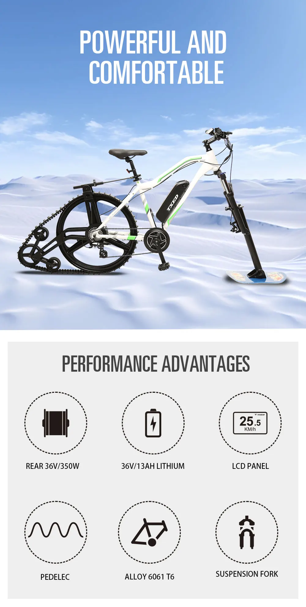 Full Suspension Electric  Track Pedal Skibike Snow  Skate Wheel  Mobile Adult Electric Snow Bike