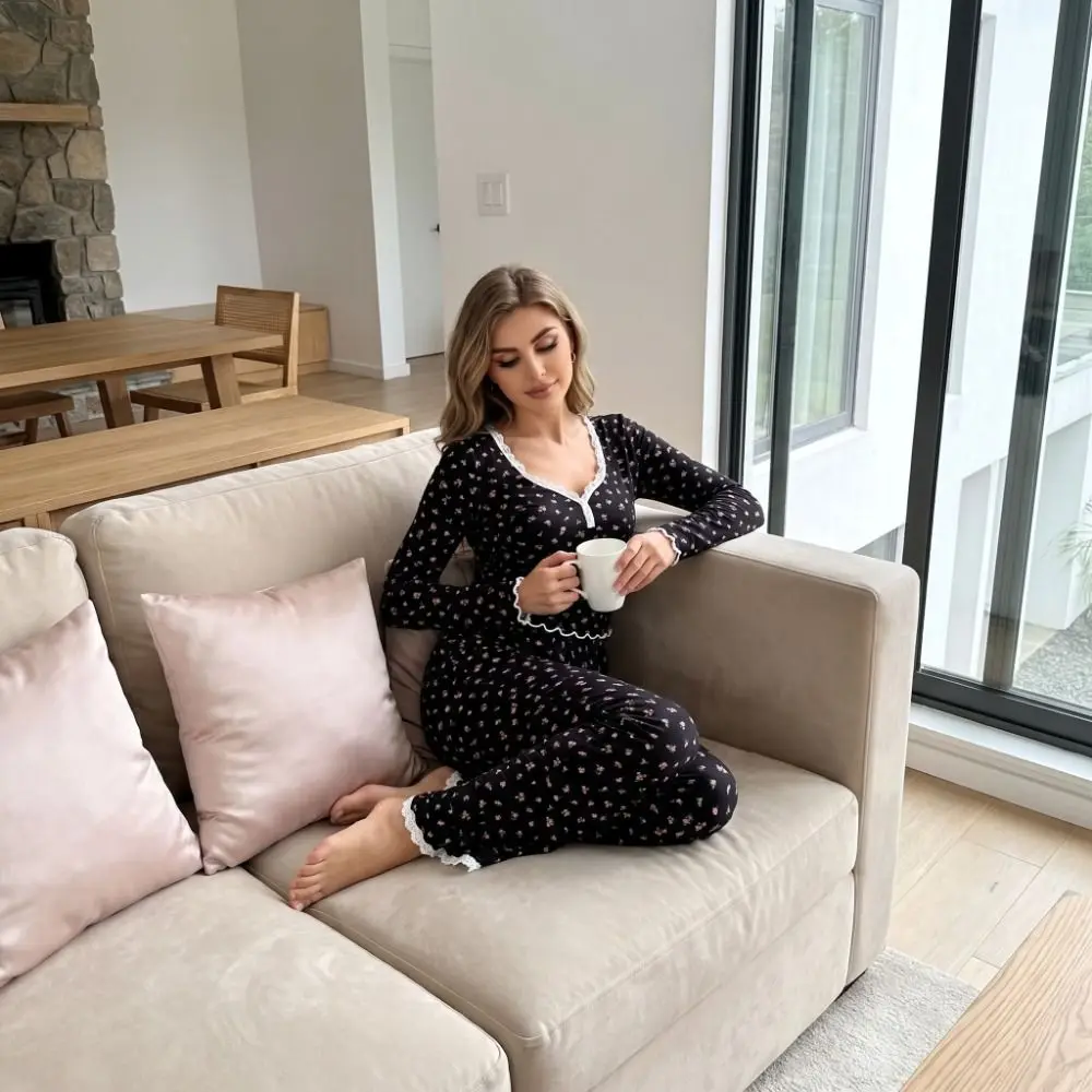 Breathable Ruffle Floral Pajama Set Flower Print Long Sleeve Women Sleepwear V-neck Slim Fit Loungewear Suit Lounge