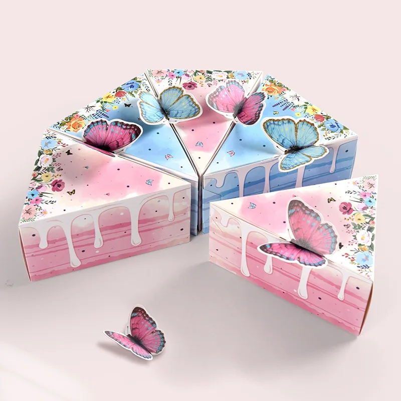 8/16 Stück Dreieckige Kuchen-Schmetterlings-Geschenkbox aus Papier, Keks-, Babyparty-, Süßigkeiten- und Dessertverpackungsbox, Kindergeburtstagsparty-Zubehör – Detail 6