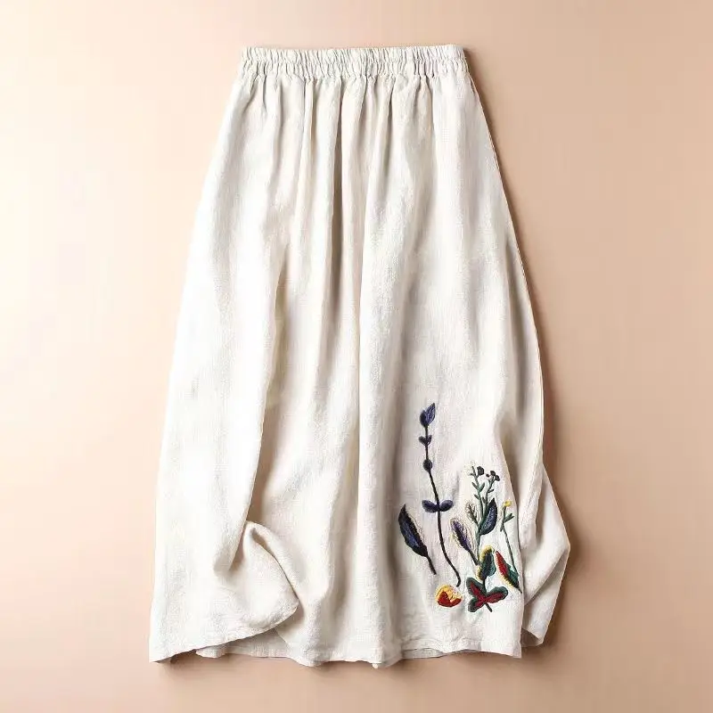 New Summer cotton and linen women's new fashion retro embroidery solid color large swing high waist mid-length A-line skirt