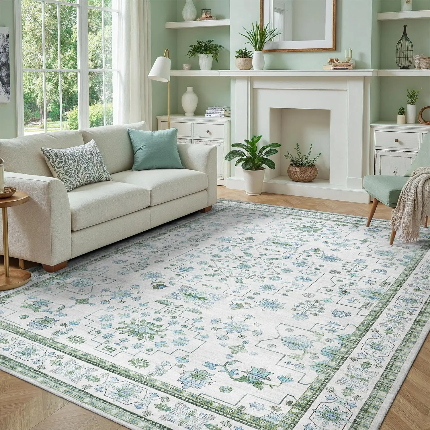Vintage Boho Floral Area Rug Machine Washable Non Slip Low Pile Stain Resistant Soft Large Carpet for Living Room Bedroom
