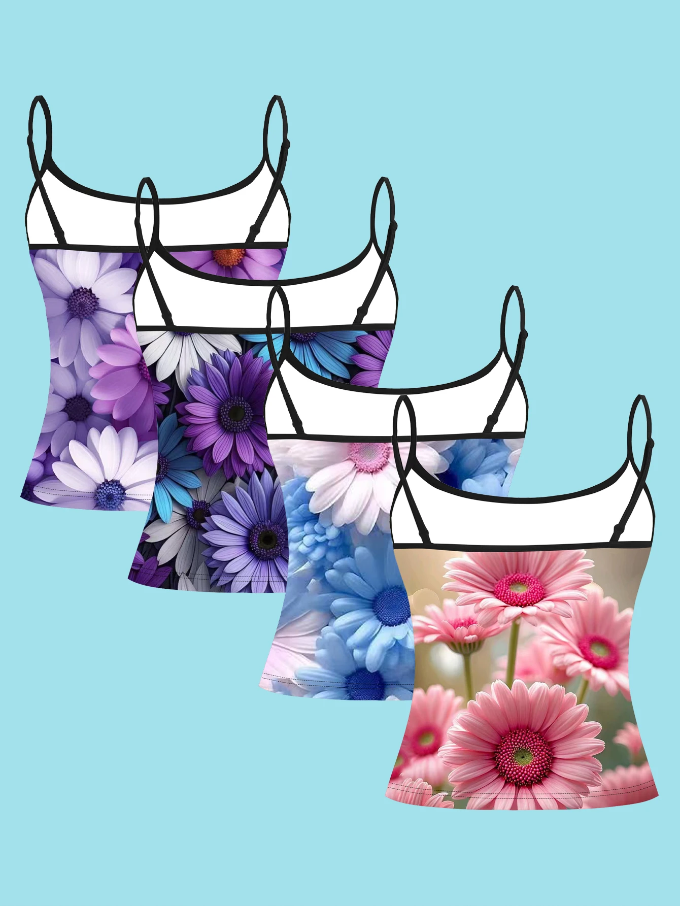 4-Piece Set of Purple, Blue, and Pink Gerbera Floral Print Camisoles, Realistic Large Gerbera Flower Design, Women's Slim-Fit Spaghetti Strap Sleeveless Tops for Outerwear or Layering