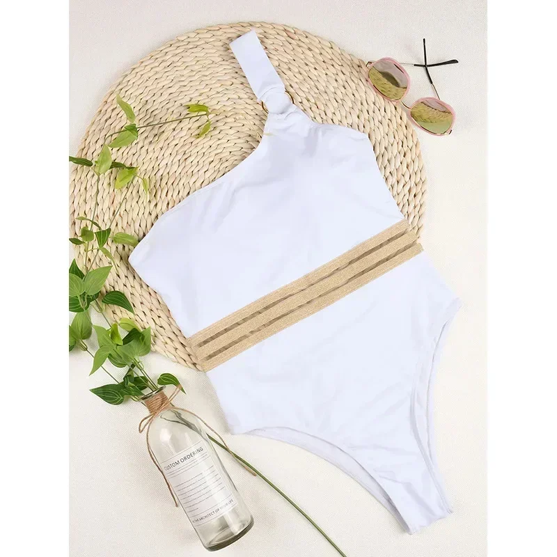 New Sexy One Piece Swimsuit Swimwear Women Solid Single Shoulder Hollow Mesh White Bathing Suit Beachwear Banadores Mujer 2026