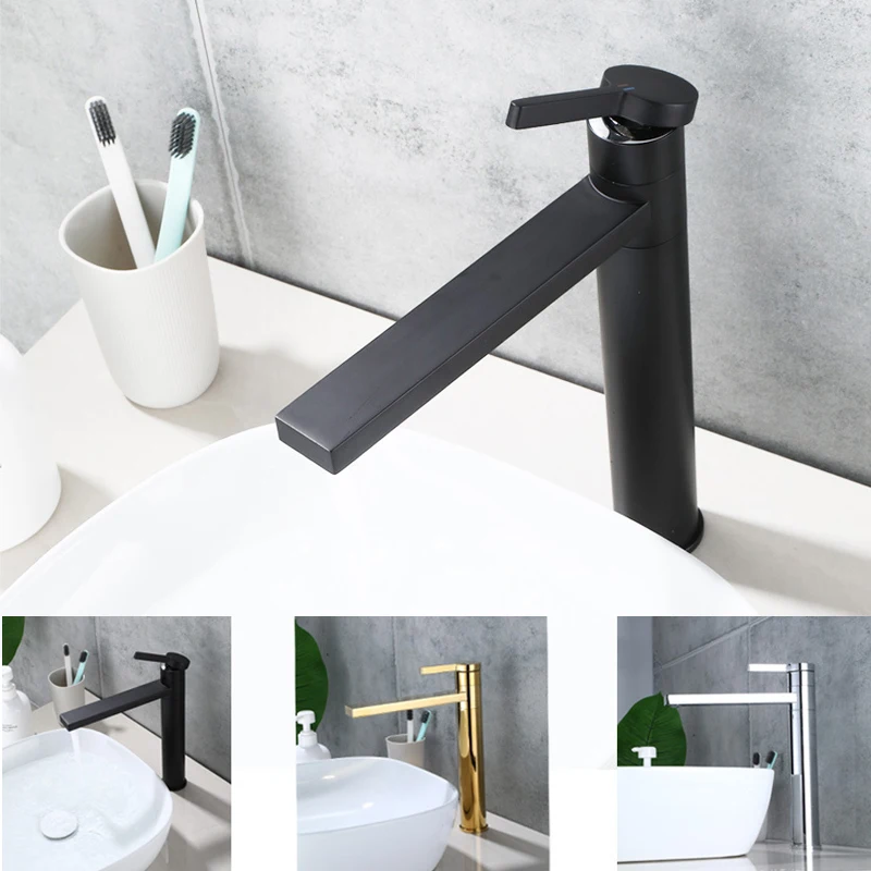 Bathroom Basin Faucet Cold Hot Water Tap Deck Mounted Single Hole & Handle Tall Style Mixer Washbasin Tap Chrome Black Gold