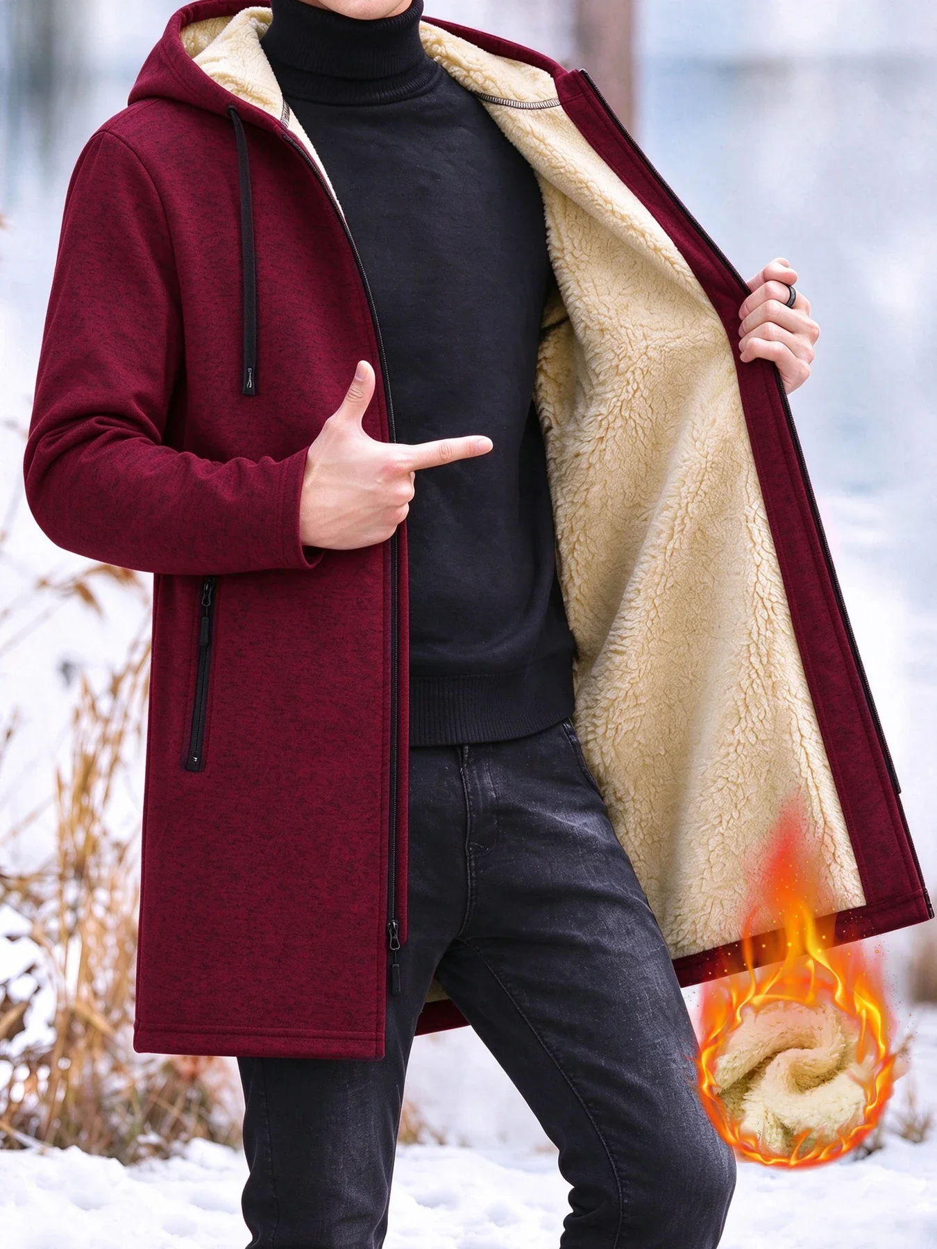 Male Cold Weather Mid Length Hooded Coat Sherpa Fleece Lined Drawstring Hood Zipper Warm Outerwear