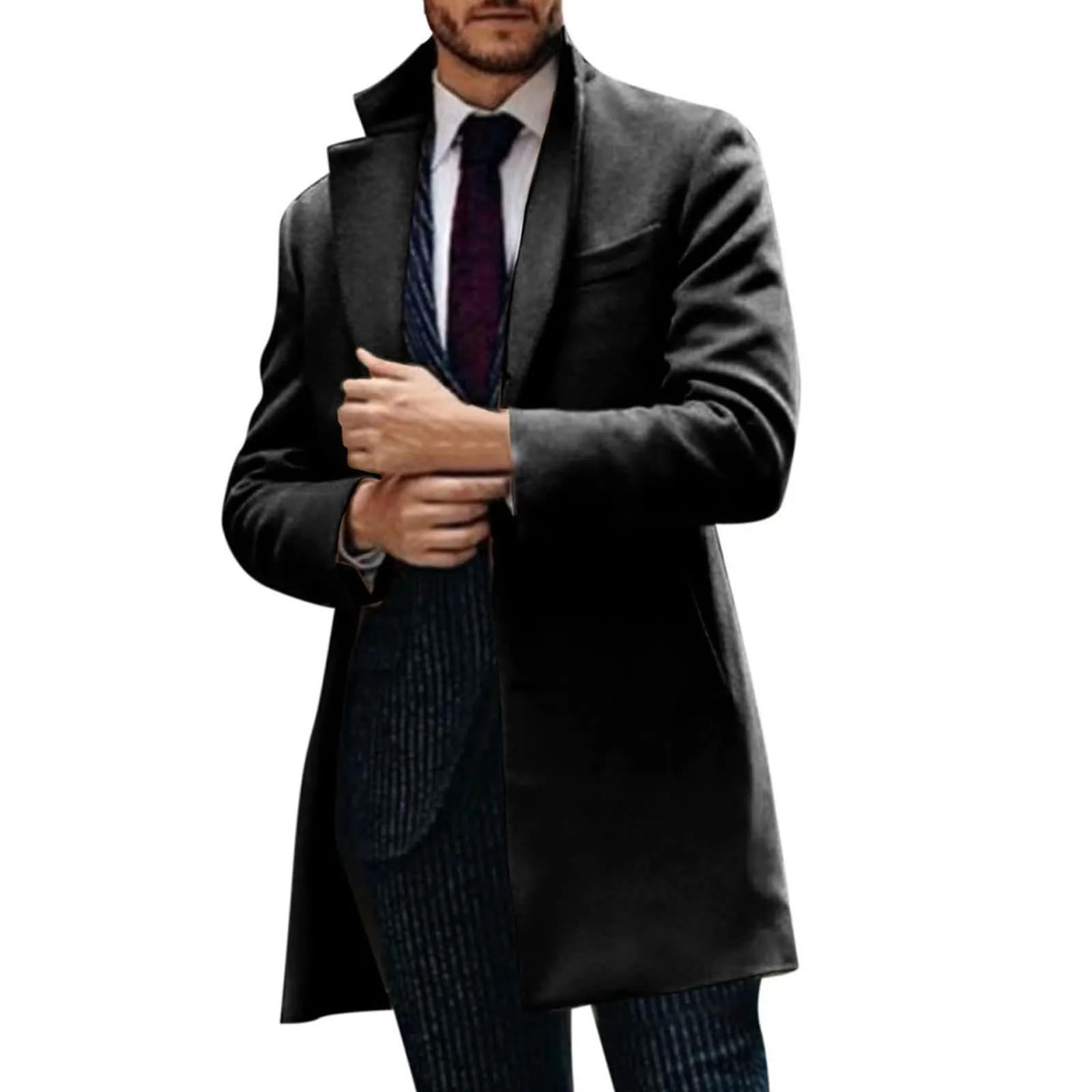 

male coats Autumn Men Trench Coat Woolen Solid Color Business Overcoat Single Breasted Slim Fit Windproof Mid-length Jacket