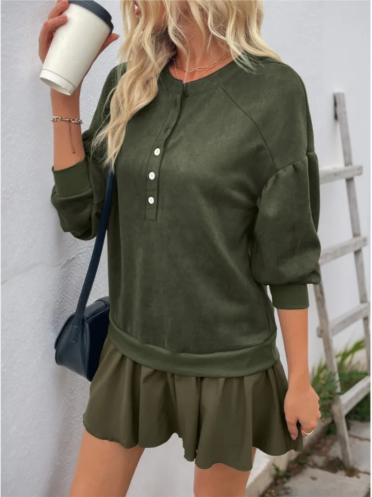 

Dresses 2025 Woman Casual Retro Sweet Vestidos Long-sleeved Solid Color Patchwork Sweatshirt Dress Temperament Commuting Trendy