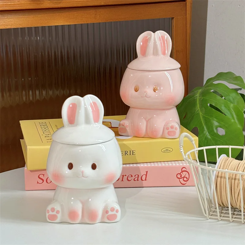 

Cartoon Rabbit Shaped Ceramic Mug with Lid Coffee Milk Cup Cute Couple Breakfast Cup Household Drinkware Valentine's Day Gift