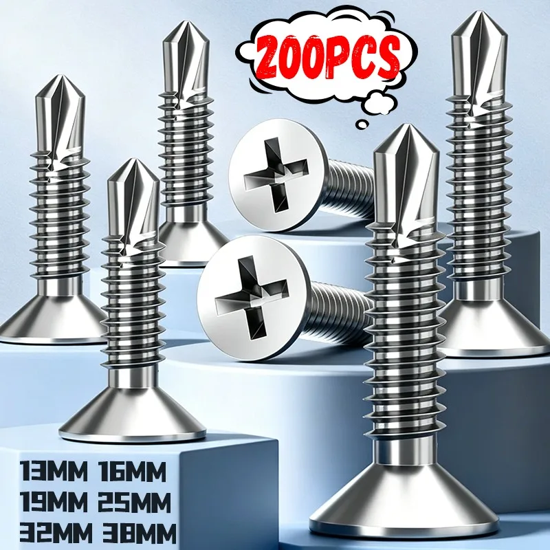 13/16/19/25/32/38mm Self-Tapping Screws Cross Flat Head Stainless Steel Phillips Screw Fastener for Wood Sheet Metal Repair Part