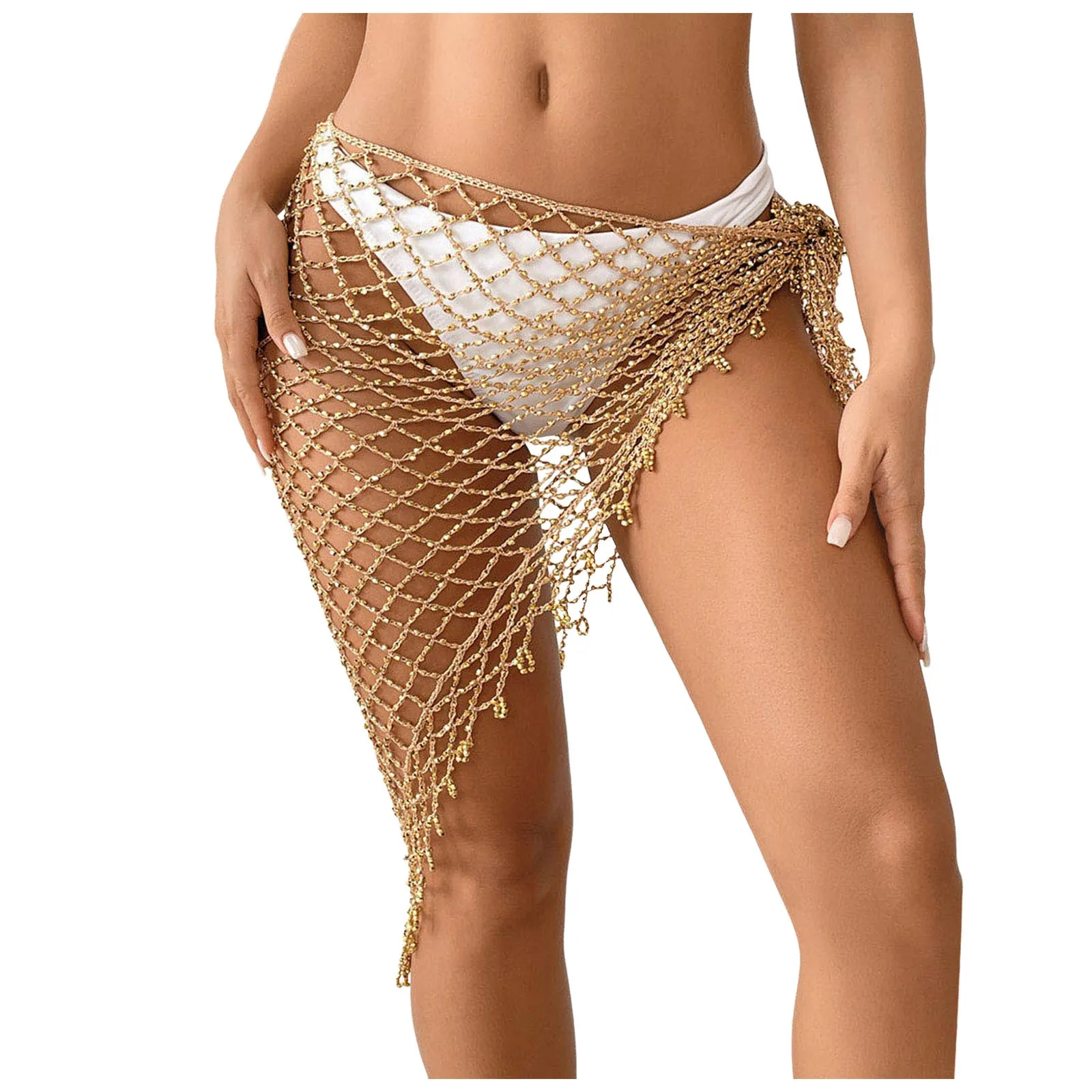 

Beach Cover Up Skirt Side Tie Knot Hollow Out Knitted Bathing Suit Solid Color Knit Casual Beach Skirt Summer Swimsuit Beachwear