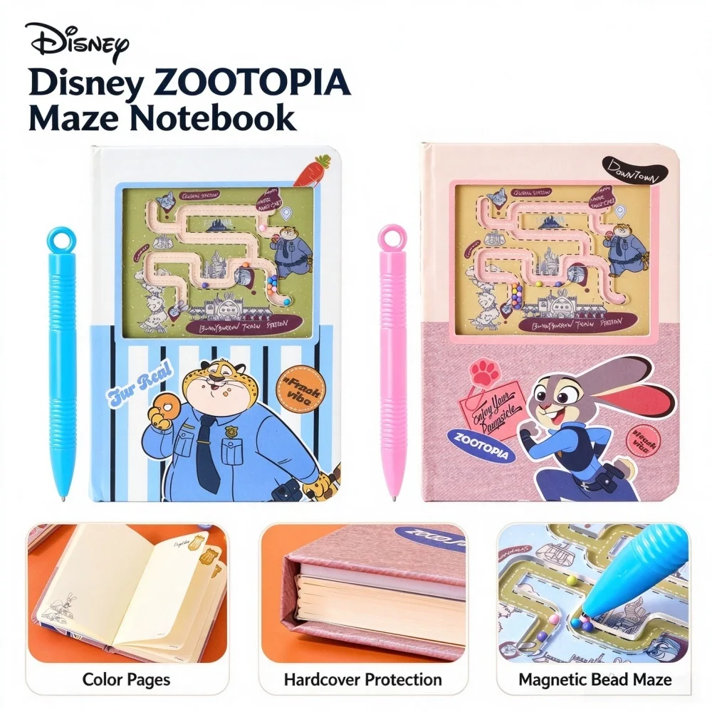 Genuine Disney Zootopia Maze Notebook 64 Sheets Hardcover Magnetic Puzzle Journal with Pen Writing Diary for School Office Gifts