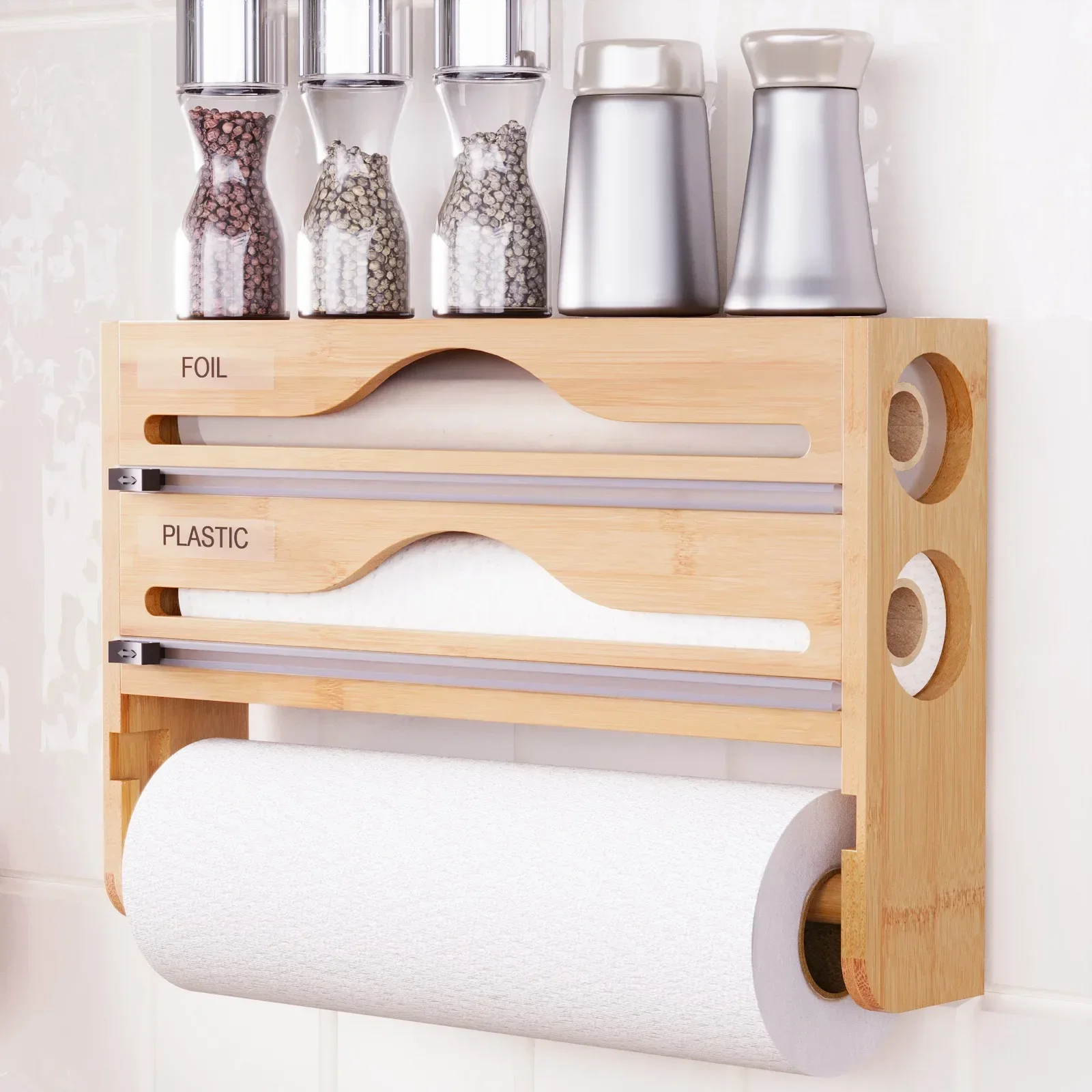 

Wood Compartment Cling Film Dispenser Cutter Box with Kitchen Organizer Paper Floating Wall Shelf Towel Kitchen Accessories