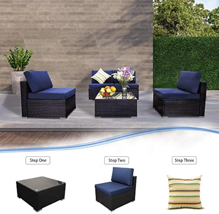 Pátio PE Rattan Wicker Sofa Set, Outdoor Sets móveis secionais com almofadas do sofá, 2 travesseiro e mesa de chá, 5 pcs