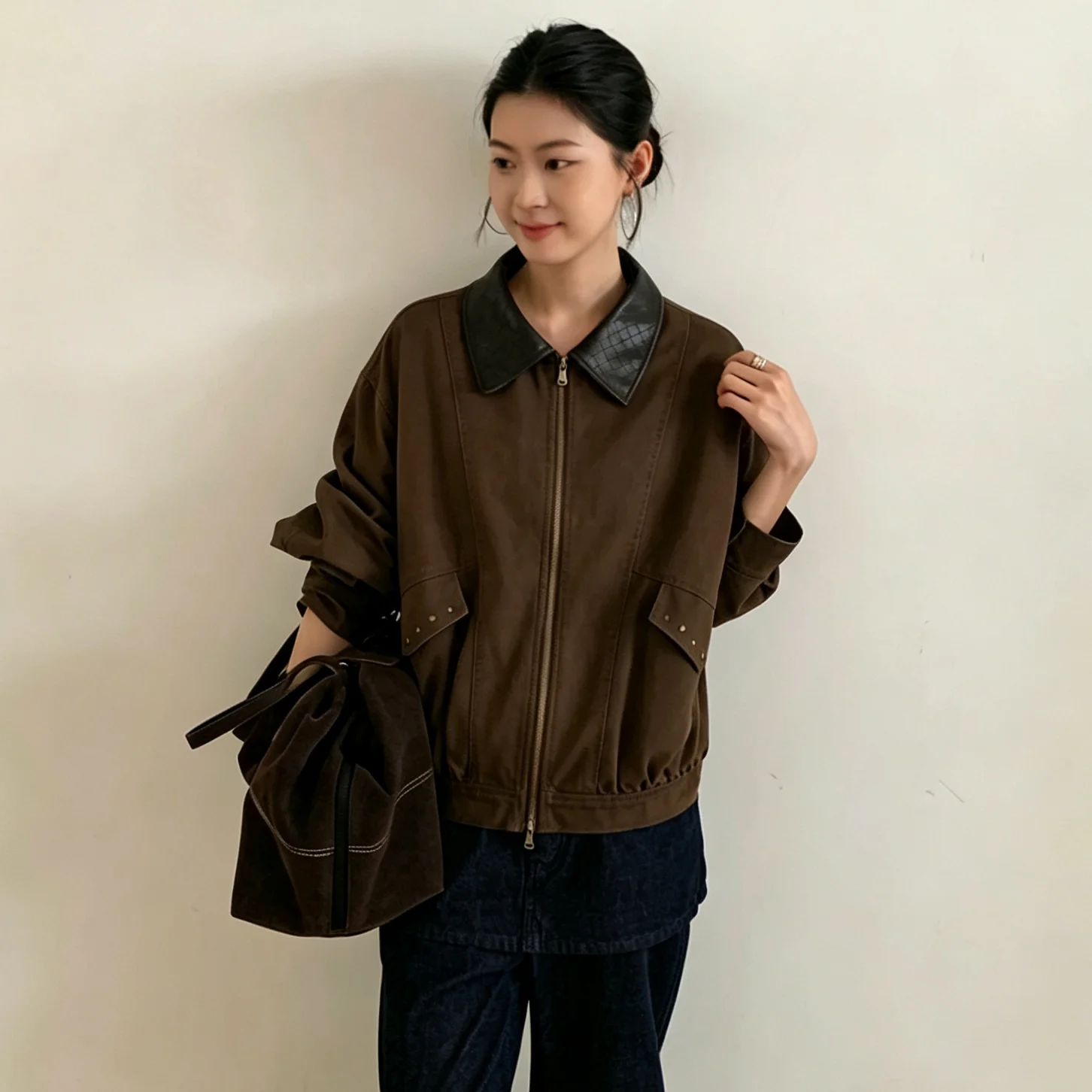 RU 2026 Autumn Winter Women Contrast Collar Zip Up Jacket Rivet Pocket Loose Long Sleeve Cropped Casual Outerwear
