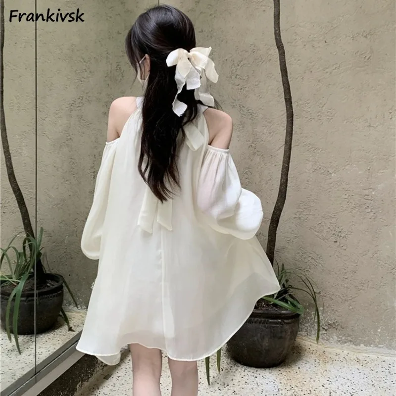 Sukienki z odkrytymi ramionami Damskie kokardki Delikatny bufiasty rękaw Słodki Casual Oddychający Unikalny design Francuski cienki letni stylowy Codzienny szyk