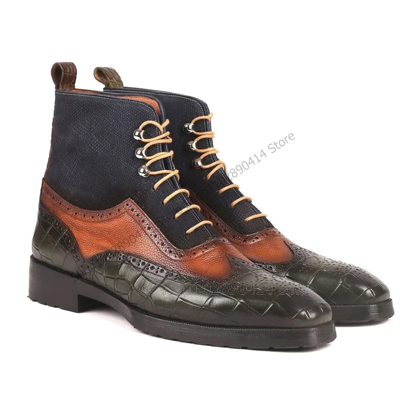 

Mixed Color Crocodile Print Carving Design Patchwork Boots Fashion Lace up Men Shoes Luxury Handmade Party Feast Men Dress Shoes