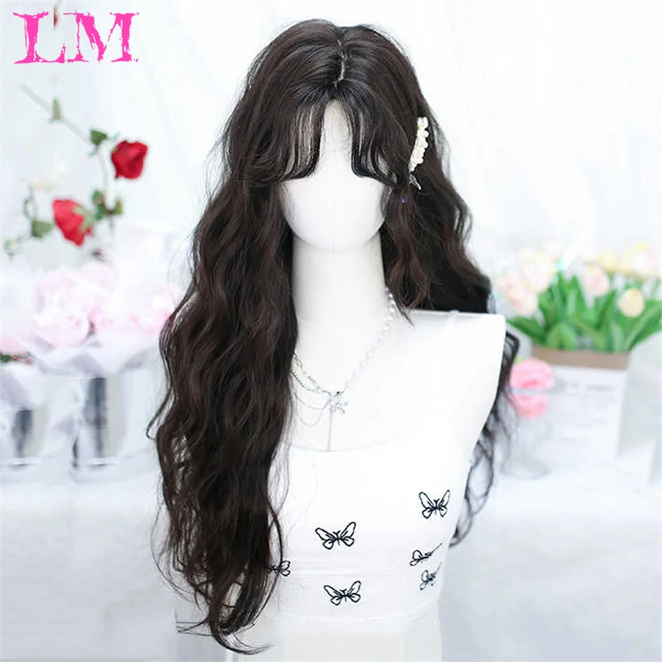 LM Brown Ash Long Deep Wave Hair Lolita Wigs With Bangs Synthetic Wig For Women Fashion Thick Curls Wigs Girl