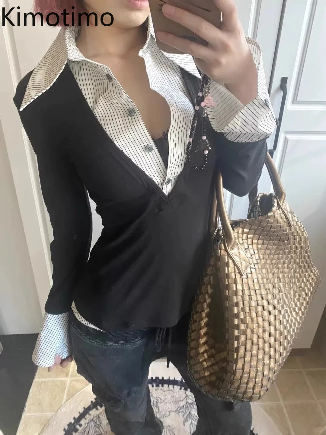 Kimotimo Shirt Women American Retro Patchwork Lapel Long Sleeve Fake Two Piece Tops Autumn Y2k Aesthetic Slim Waist Spicy Blouse