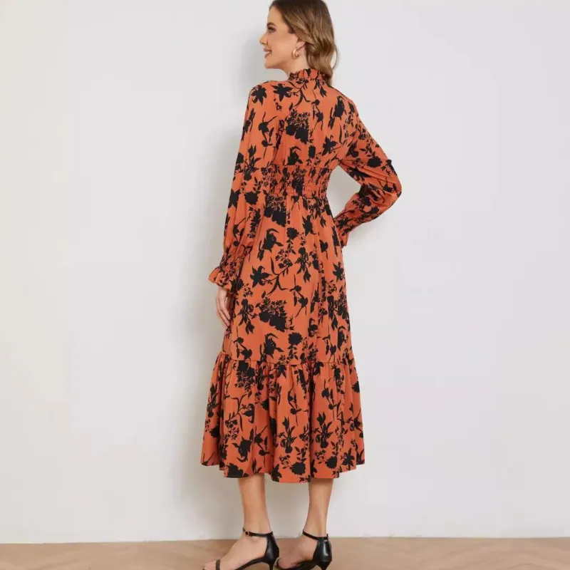 Laranja novo outono vestido longo para mulher 2024 v colarinho pulôver lanterna mangas a linha floral impressão elegante vestido das senhoras