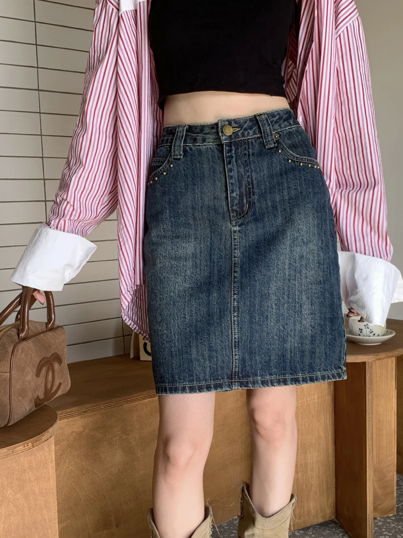 

Slergiri Retro Riveted Denim Split Skirt Women Korean Fashion 2024 Summer High Waist Ladies Casual straight Midi Jean Skirts