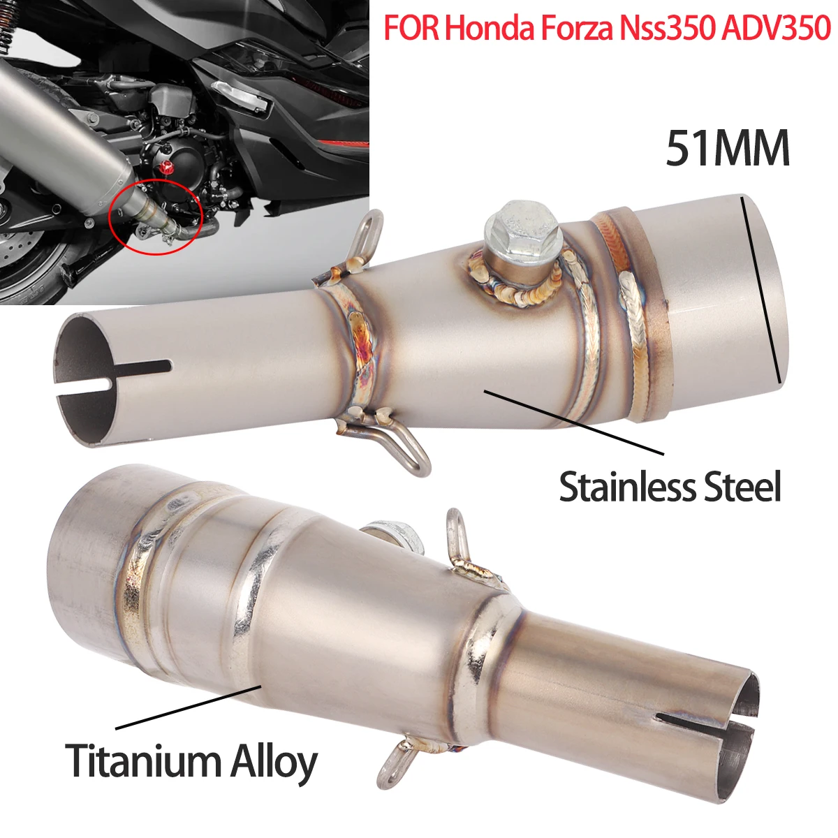 

Escape Modified Middle Link Pipe 51mm Slip For Honda Forza350 Forza350 ADV 350 Exhaust Connect Middle Pipe