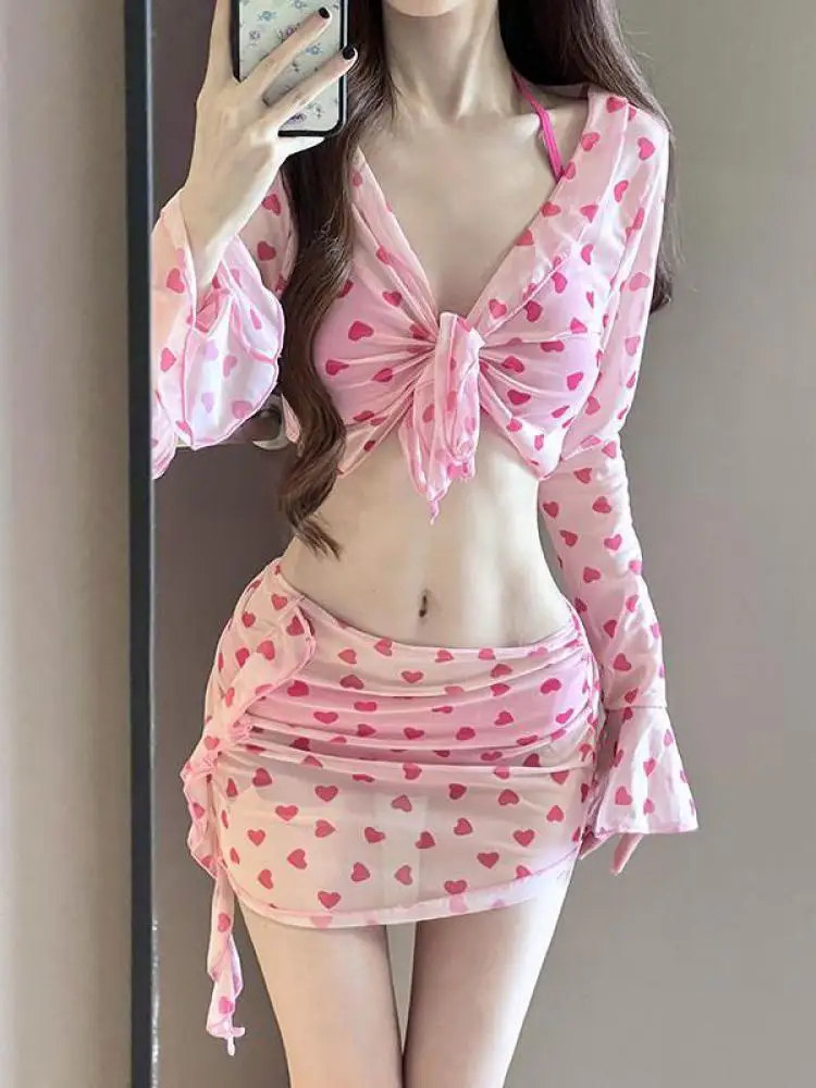 

Pink Heart Print Sexy Long Sleeve Bandage Pleated Bikini Set Women Four Piece Suit Bathwear Spring Beach Vacations Swimsuit Chic