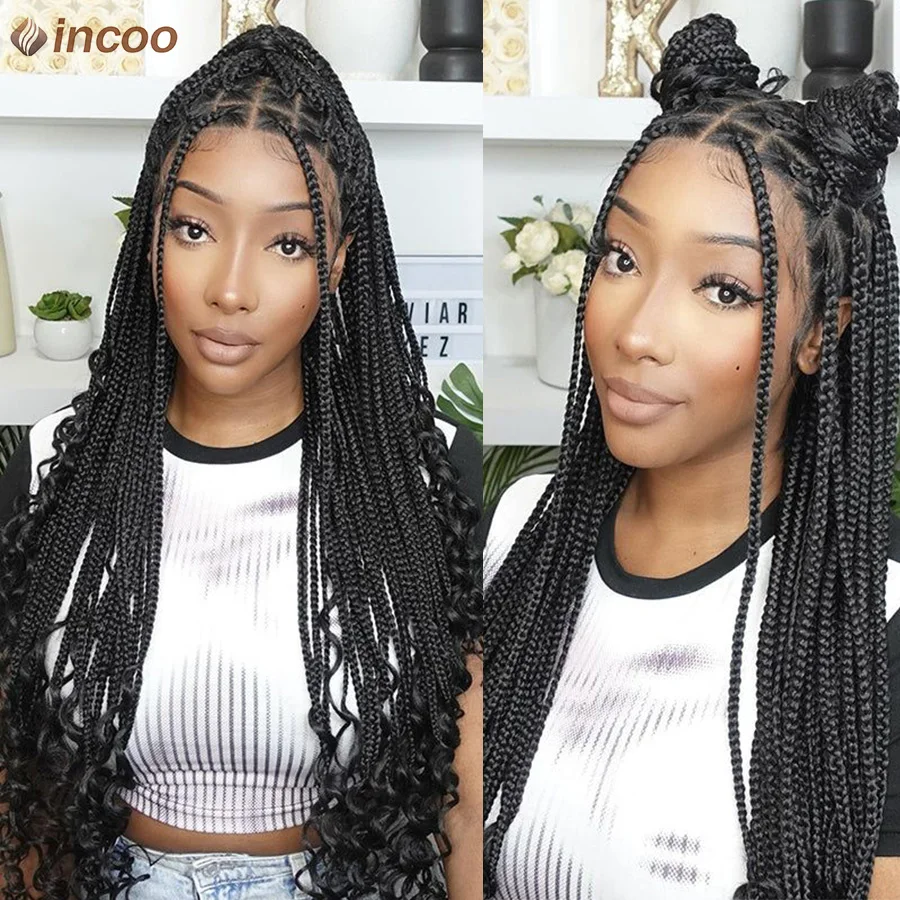 New Ombre Blonde Spiral Curls Braided Full Lace Front Wig For Women Knotless Cornrows Braided Wigs With French Curly Box Braids