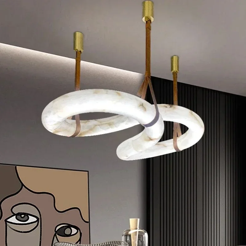 Modern Minimalist Restaurant Pendant Light Natural Marble Light Nordic Design Alabaster Shaped Chandeliers Villa Room Decoration