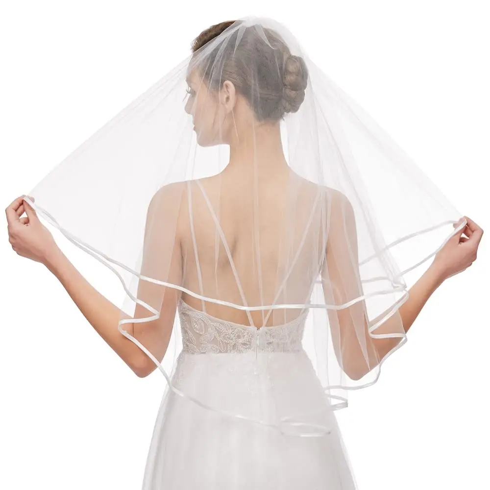 Bridal Veil Women's Simple Tulle Short Wedding Veil Ribbon Edge with Comb for Wedding Bachelorette Party 2024