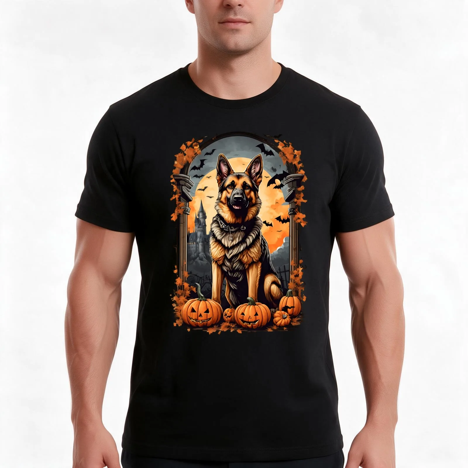 Spooky Paws and Wagging Tails: A Halloween Adventure with a German Shepherd T-Shirt Summer Casual Cotton Tee Unisex Men Women