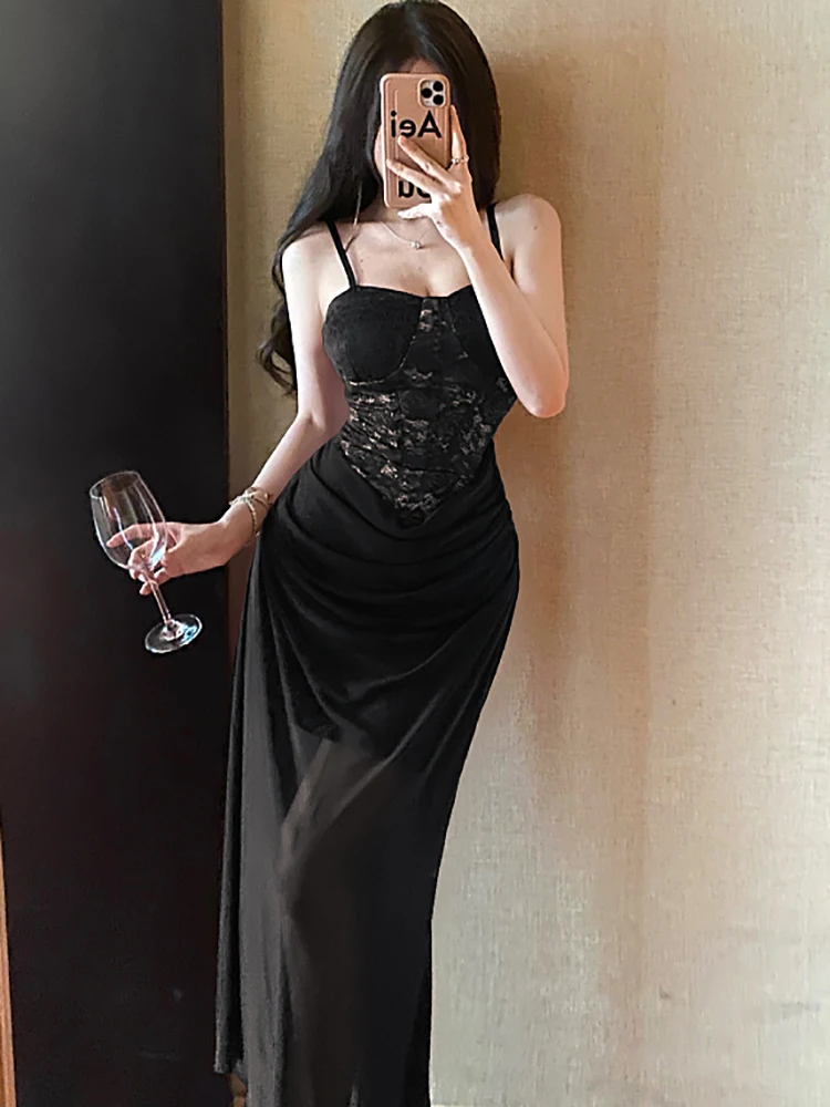 Verano rojo malla Patchwork encaje elegante Sling vestido largo mujeres coreano Vintage vestido de fiesta de baile de lujo 2025 elegante ceñido Vestidos