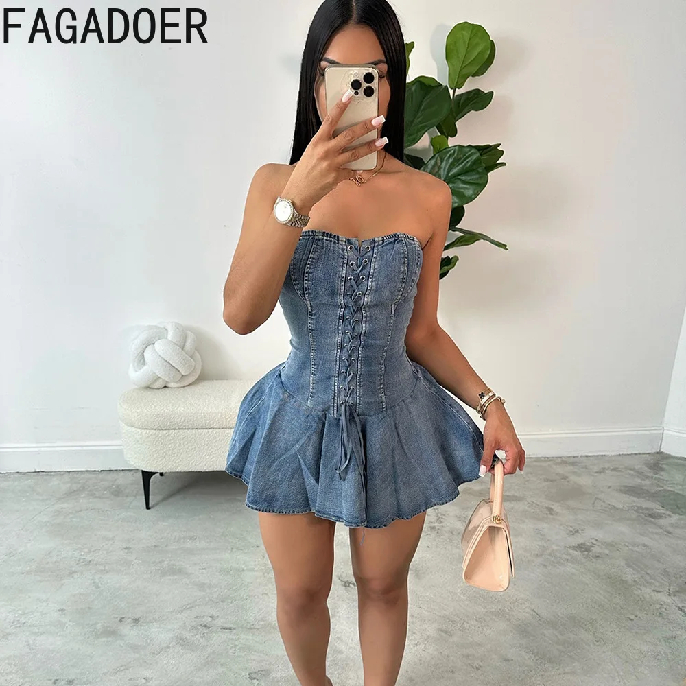 FAGADOER Fashion Denim Hollow Bandage Bodycon Mini Dresses Women Sleeveless Backless Lace Up Ruffle Vestidos Sexy Jean Clothing