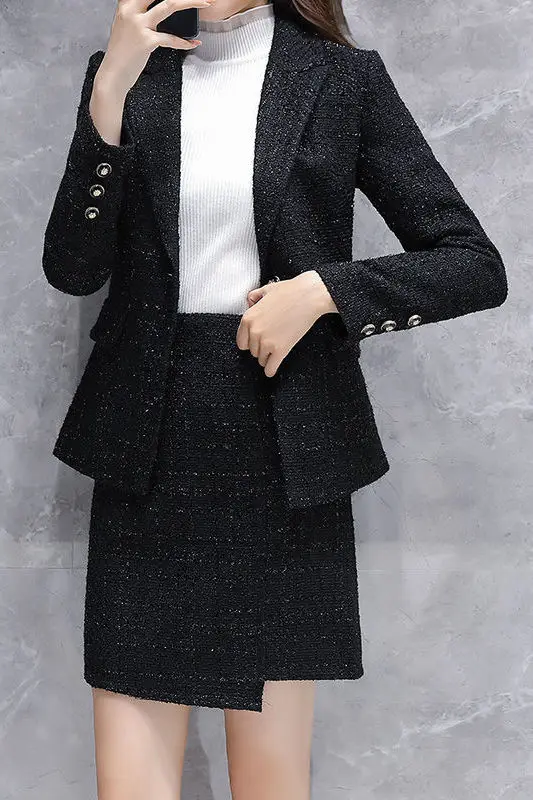 

Autumn Winter New Korean Fashion Black Slimming Short Blazer Wool Coat High Waist Suit Skirts Black Two Piece Set Women Outfits
