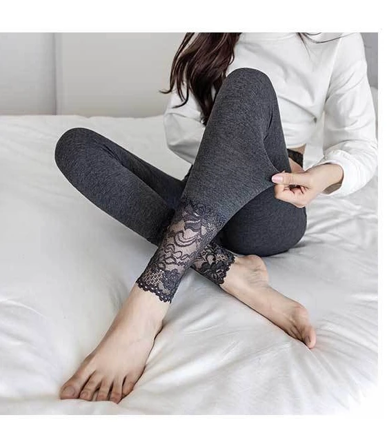 Hochgeschnittene Leggings mit Spitzenbesatz für Damen, Frühling/Herbst Oberbekleidung, Grau, Schlanke Passform, Dehnbar, Atmungsaktiv, Alltags-Strumpfhose – Detail 5