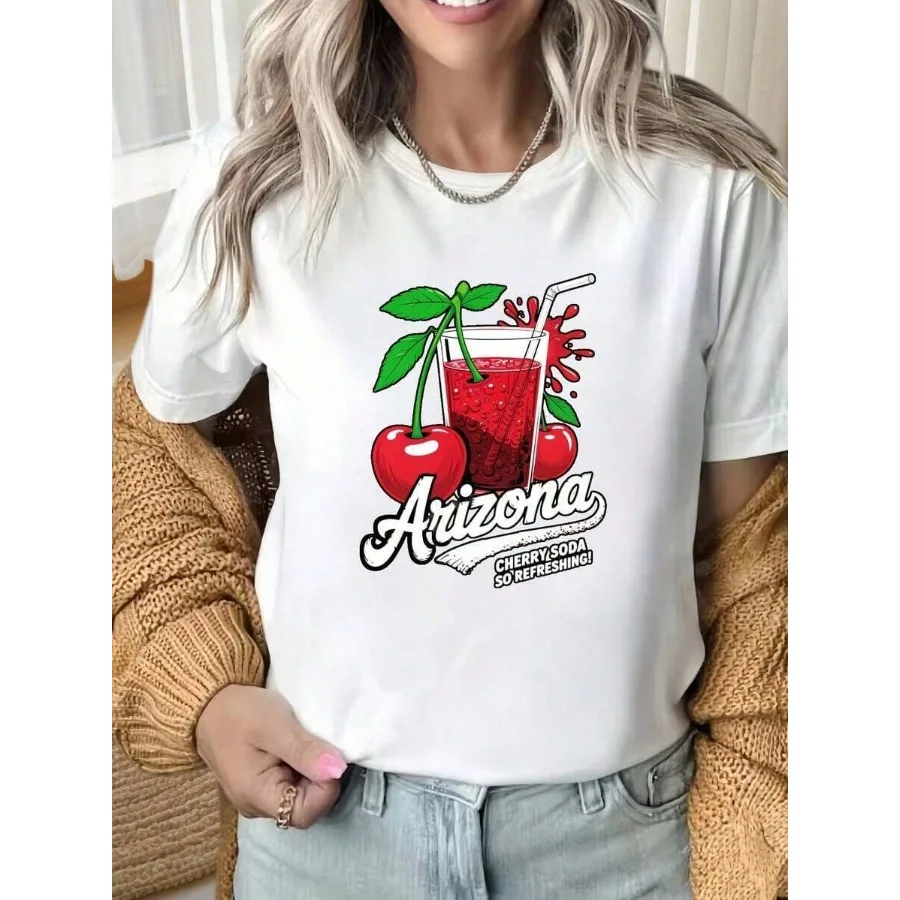 Camiseta de manga corta con cuello redondo y estampado interesante para mujer, camiseta Arizona Cherry Soda So Refreshing, camiseta gráfica negra para mujer