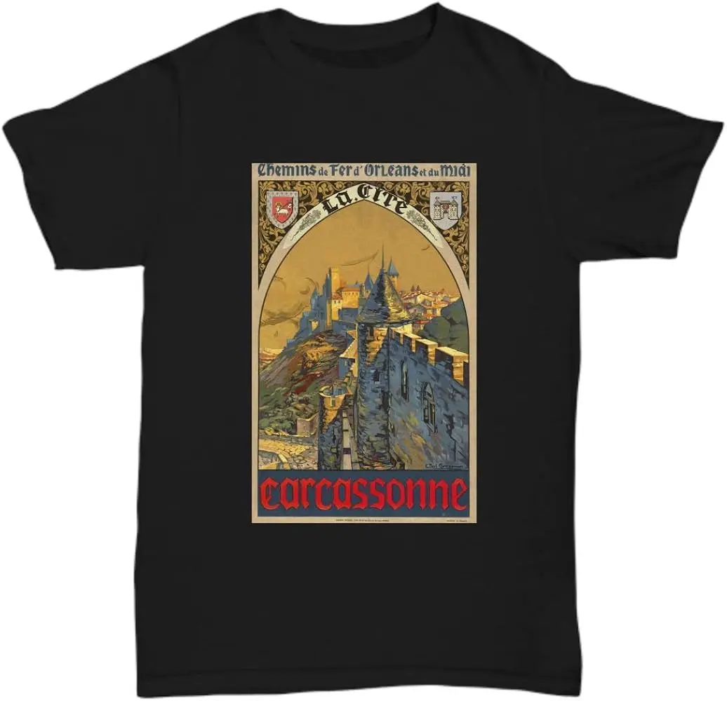 Carcassone France - Vintage French Railway Travel Poster - Unisex Tee  Cotton Luxury brand vintage oversized