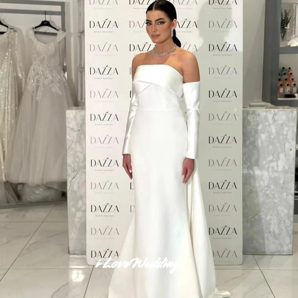 

White Strapless Evening Dresses 2025 Satin Long Sleeve Mermaid Floor-length Backless Pleated Wedding Party Dresses Customized