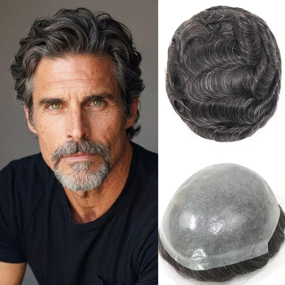 Human Hair Toupee for Man Hair piece Thin Skin Poly Hair Replacement System Invisible Hairline Prosthesis Capillary Men's Wig Hair Units Black With 20% Gray Synthetic Fibers 8×10 Size