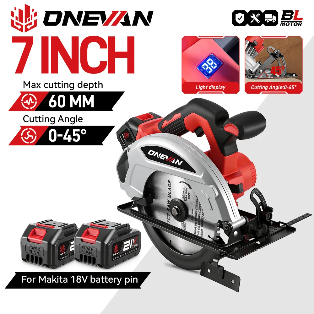 ONEVAN 7 Zoll 185 mm bürstenlose elektrische Kreissäge Digitalanzeige Schnurloses Holzbearbeitungs-Schneidwerkzeug für Makita 18 V Batterie-Pin