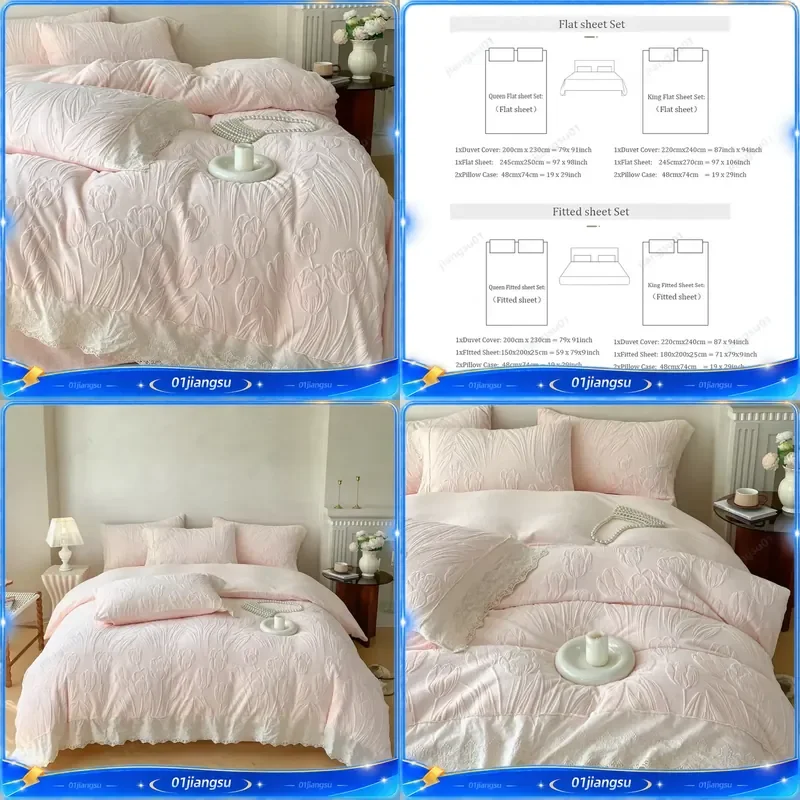 Tulip Flowers Lace Ruffles Princess Style Bedding Set Velvet Warm Winter Duvet Cover Flat Fitted Bed Sheet Pillowcases 4Pcs