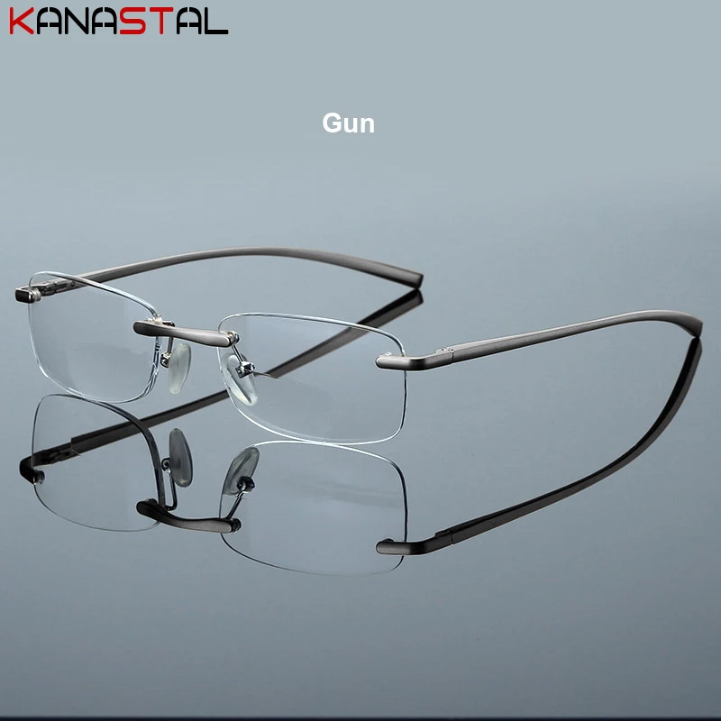 Men Rimless Reading Glasses Prescription Lenses Presbyopic Eyewear Women Blue Light Blocking Lenses Al-Mg Eyeglasses Frame