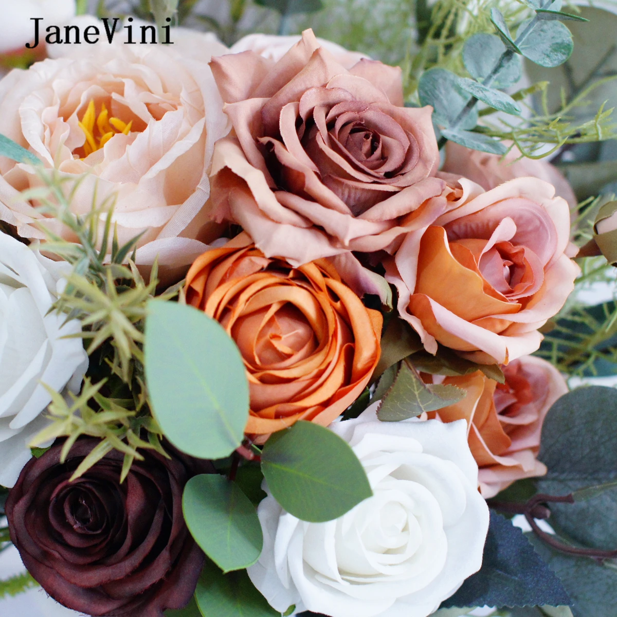 JaneVini-ramos De rosas De café Vintage para boda, flores artificiales De champán De seda, ramo falso para Novia al aire libre, Accesorios De Novia