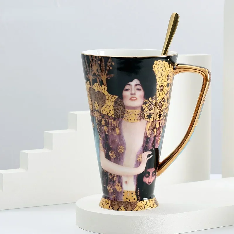 Coffee Mug Gustav Klimt Bone China Tea Cups with Spoon Large Capacity Ceramic Drinkware Home Decoration Accessories1