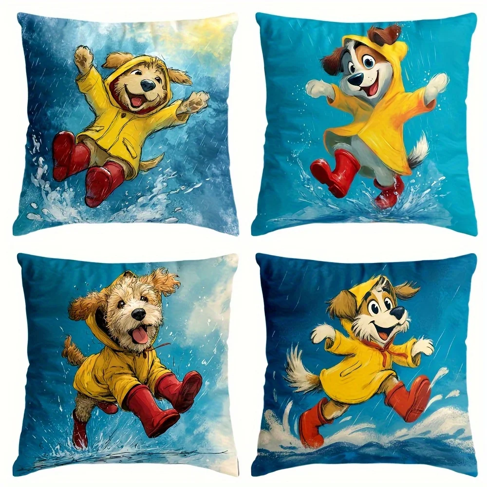 Yellow puppy raincoat pattern digital printing pillow cover Short plush Suitable living rooms bedrooms sofas throw cushion cover