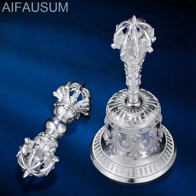 1set 15cm 99 Pure silver Nine-pronged vajra bell Handbells