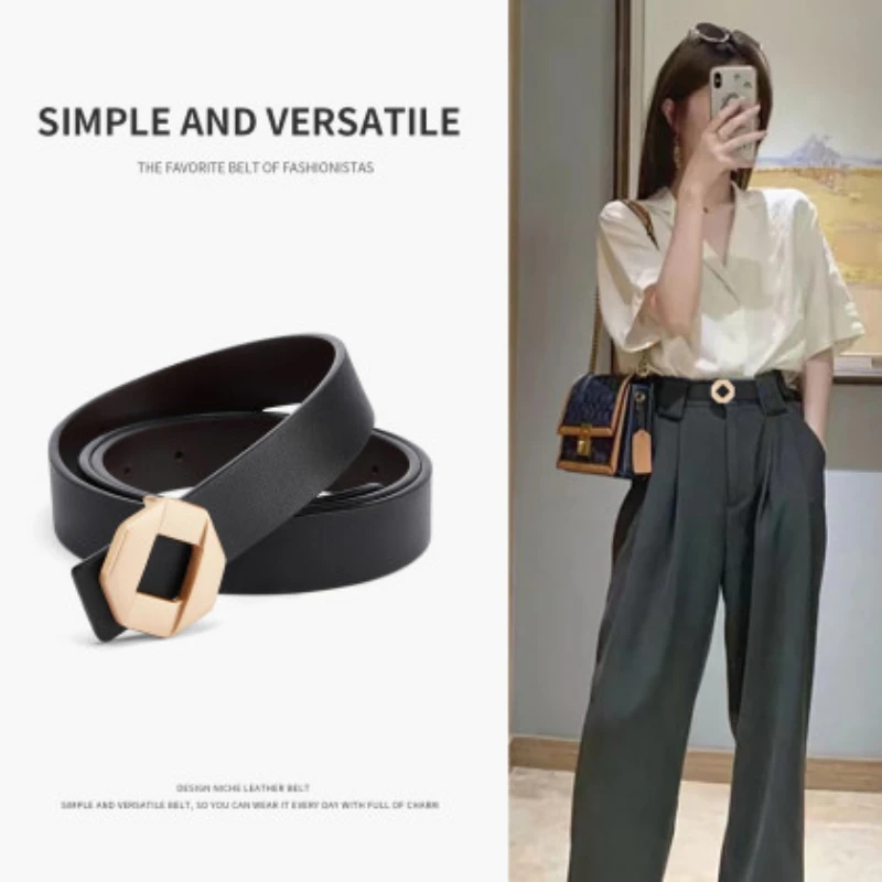 

Black Leather Irregular Alloy Buckle Belt for Woman Classic Luxury Design with Suit Fashion Senior Business Pin Buckle Belts
