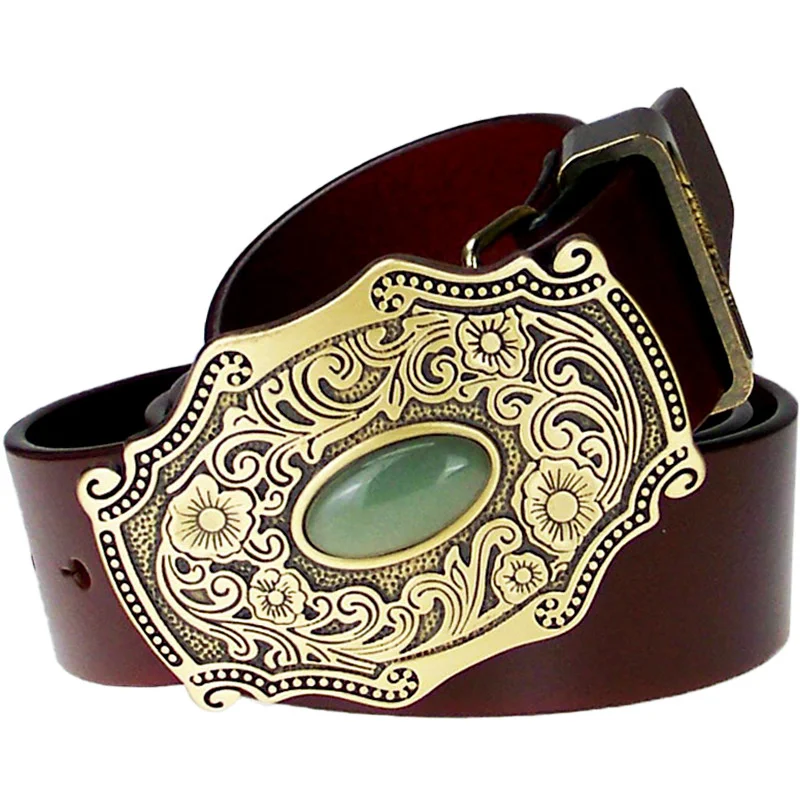 

Top Cow genuine leather belts for men Copper buckle Tang Grass Grain Jade Brass Plate Buckle Ancient High quality Male Belt